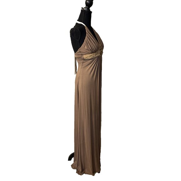 SKY Brand Maxi Dress M Soft Brown Suede Braid Trim Stretch Long NEW - Picture 3 of 12